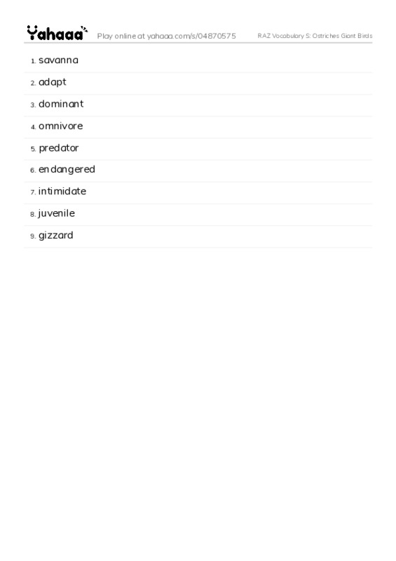 RAZ Vocabulary S: Ostriches Giant Birds PDF words glossary