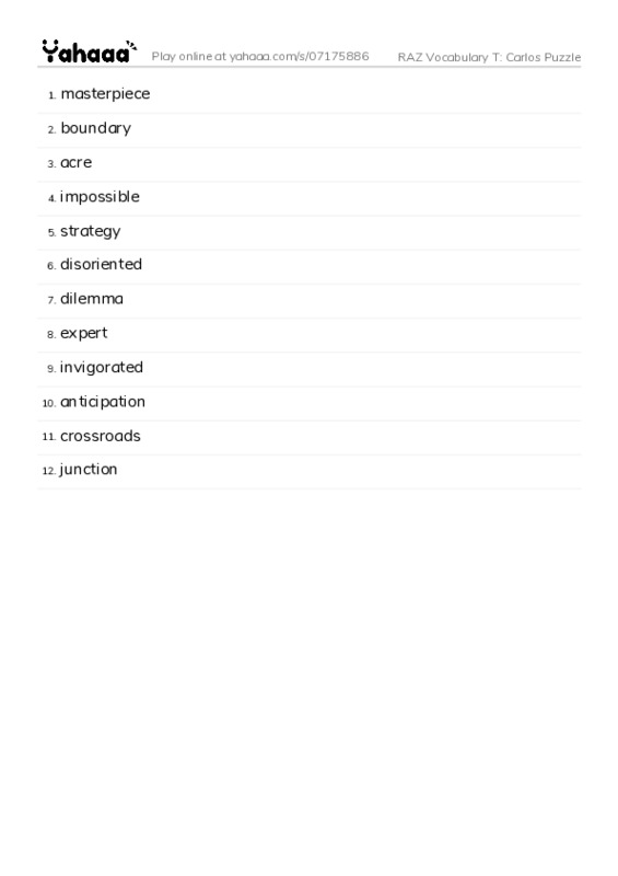 RAZ Vocabulary T: Carlos Puzzle PDF words glossary