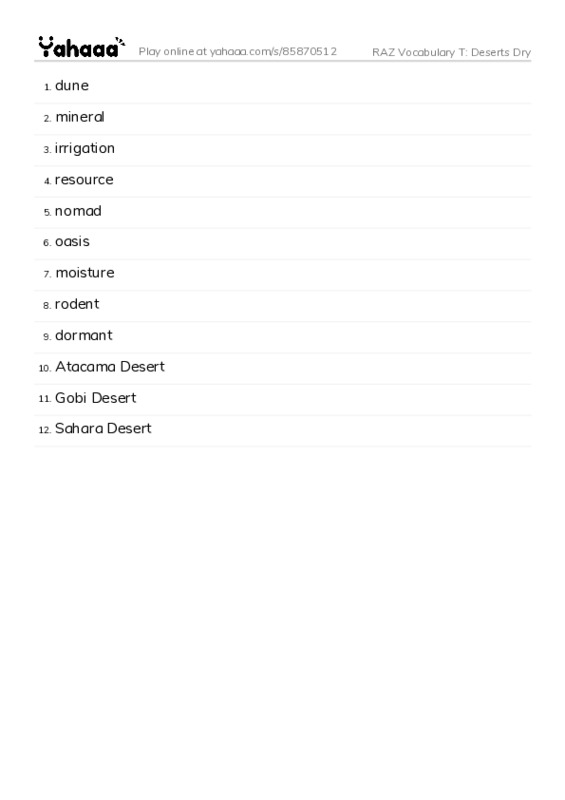 RAZ Vocabulary T: Deserts Dry PDF words glossary