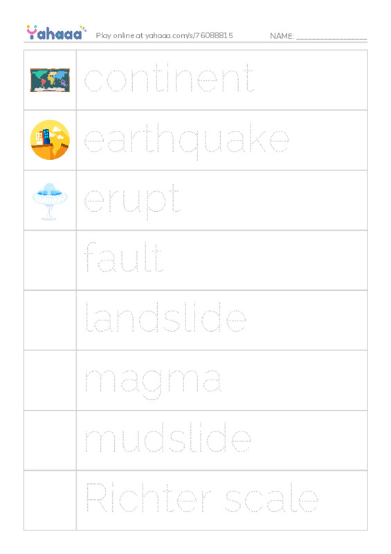 RAZ Vocabulary T: Earthquakes Volcanoes and Tsunamis PDF one column image words