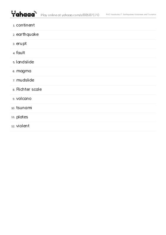 RAZ Vocabulary T: Earthquakes Volcanoes and Tsunamis PDF words glossary