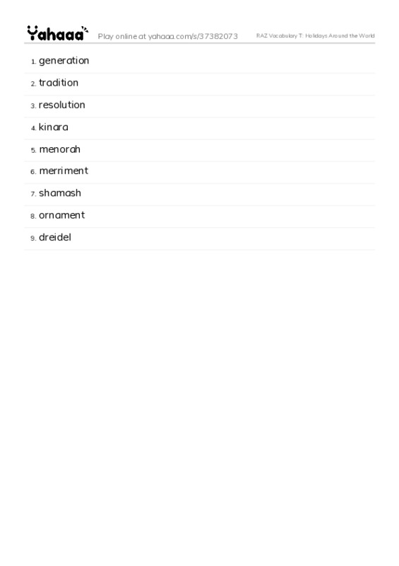 RAZ Vocabulary T: Holidays Around the World PDF words glossary