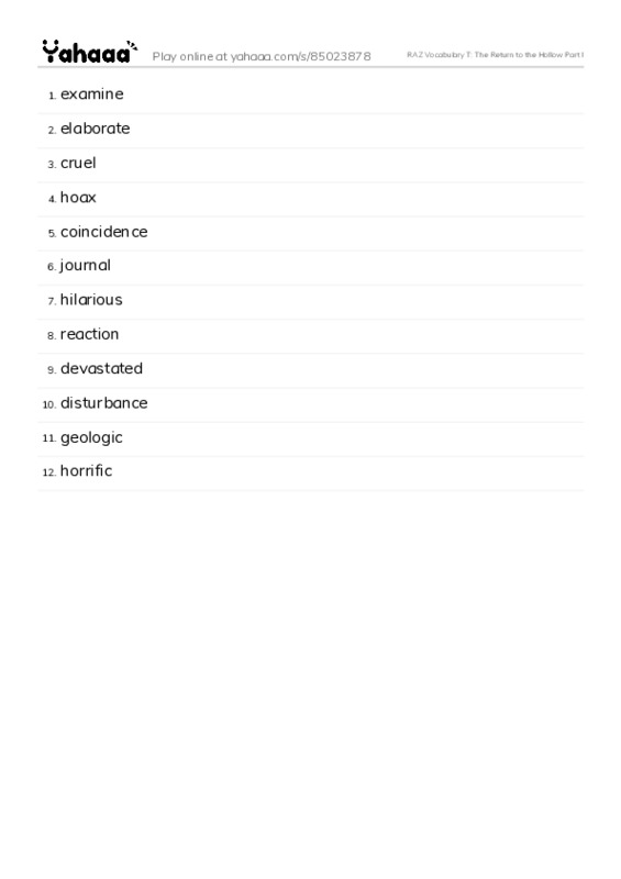RAZ Vocabulary T: The Return to the Hollow Part I PDF words glossary