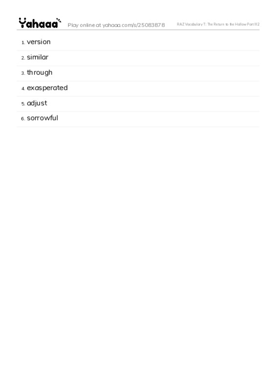 RAZ Vocabulary T: The Return to the Hollow Part III2 PDF words glossary