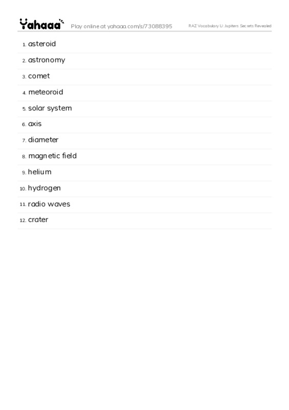 RAZ Vocabulary U: Jupiters Secrets Revealed PDF words glossary