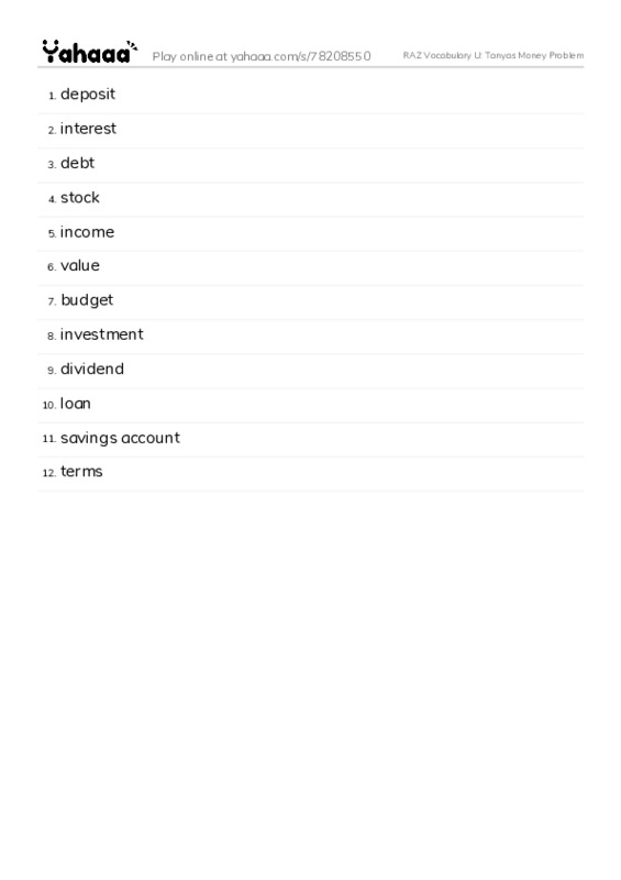 RAZ Vocabulary U: Tanyas Money Problem PDF words glossary