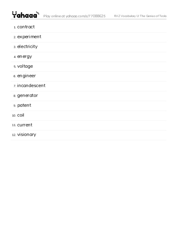 RAZ Vocabulary U: The Genius of Tesla PDF words glossary