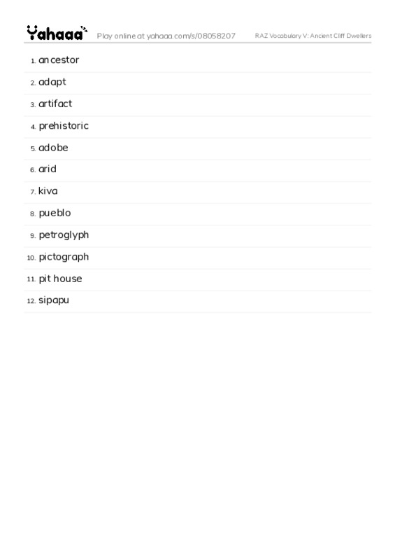 RAZ Vocabulary V: Ancient Cliff Dwellers PDF words glossary