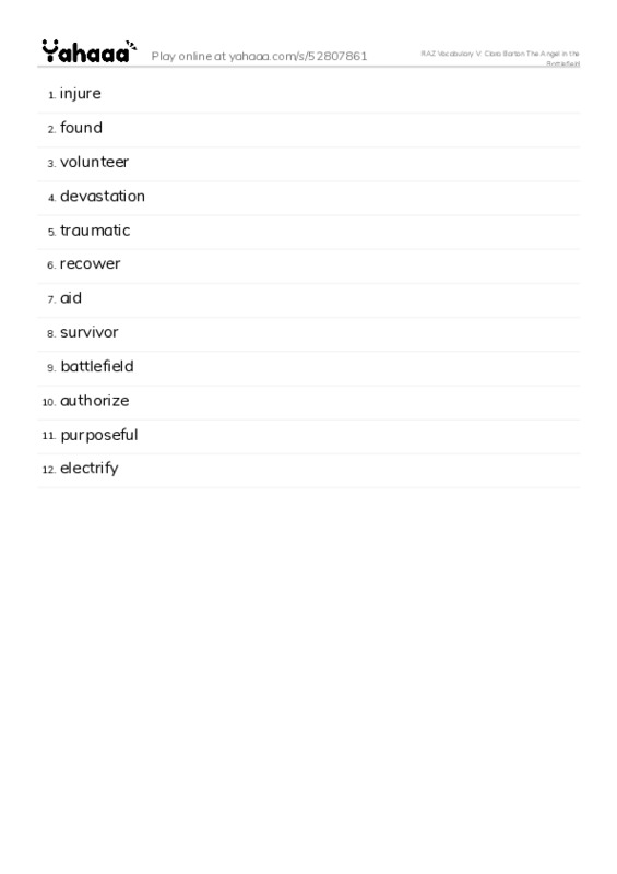 RAZ Vocabulary V: Clara Barton The Angel in the Battlefield PDF words glossary