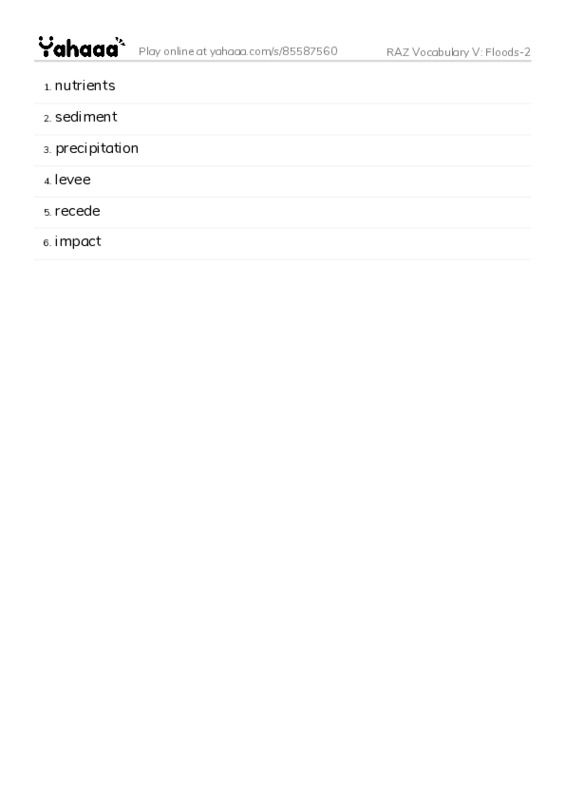 RAZ Vocabulary V: Floods-2 PDF words glossary