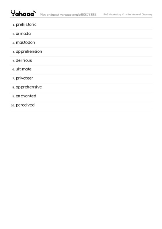 RAZ Vocabulary V: In the Name of Discovery PDF words glossary