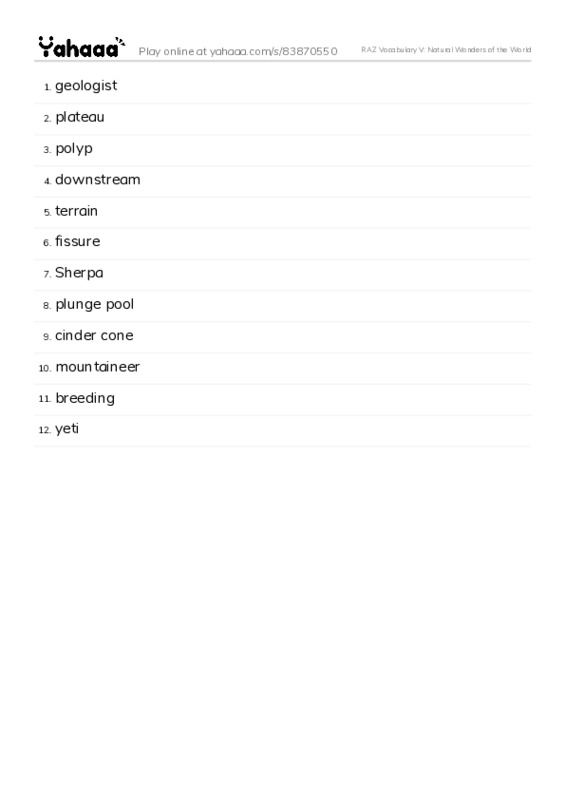 RAZ Vocabulary V: Natural Wonders of the World PDF words glossary