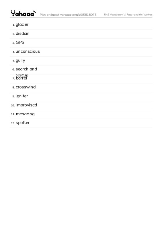 RAZ Vocabulary V: Razor and the Wolves PDF words glossary