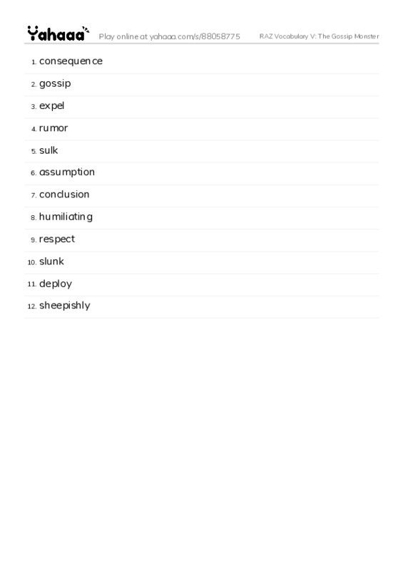 RAZ Vocabulary V: The Gossip Monster PDF words glossary