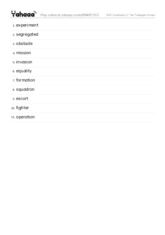 RAZ Vocabulary V: The Tuskegee Airmen PDF words glossary