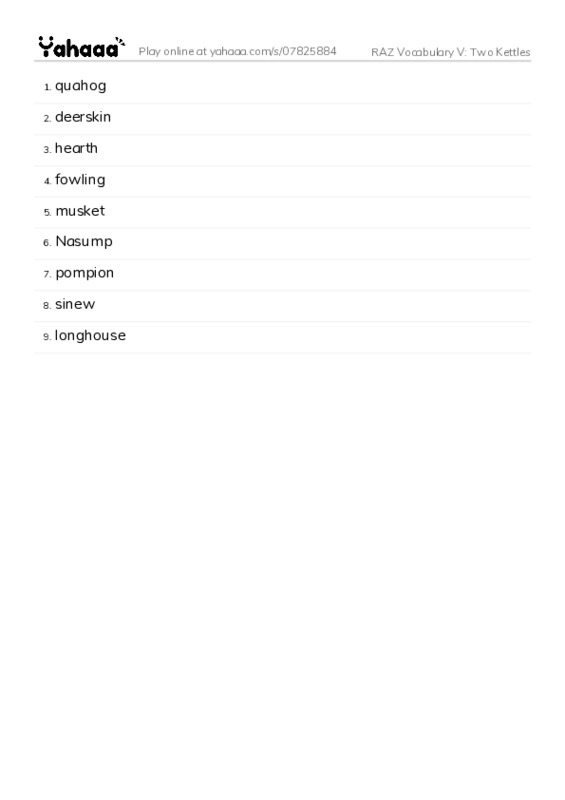 RAZ Vocabulary V: Two Kettles PDF words glossary