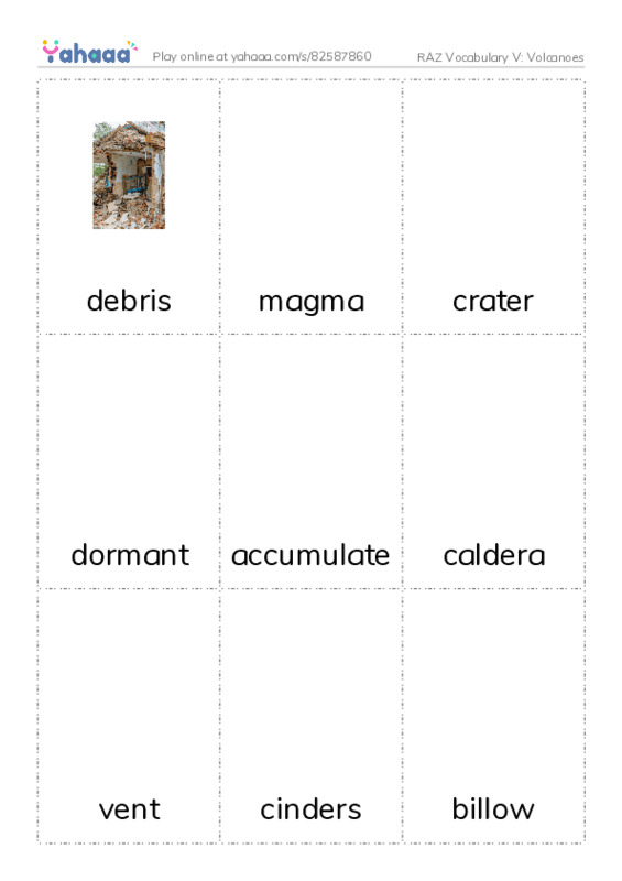 RAZ Vocabulary V: Volcanoes PDF flaschards with images