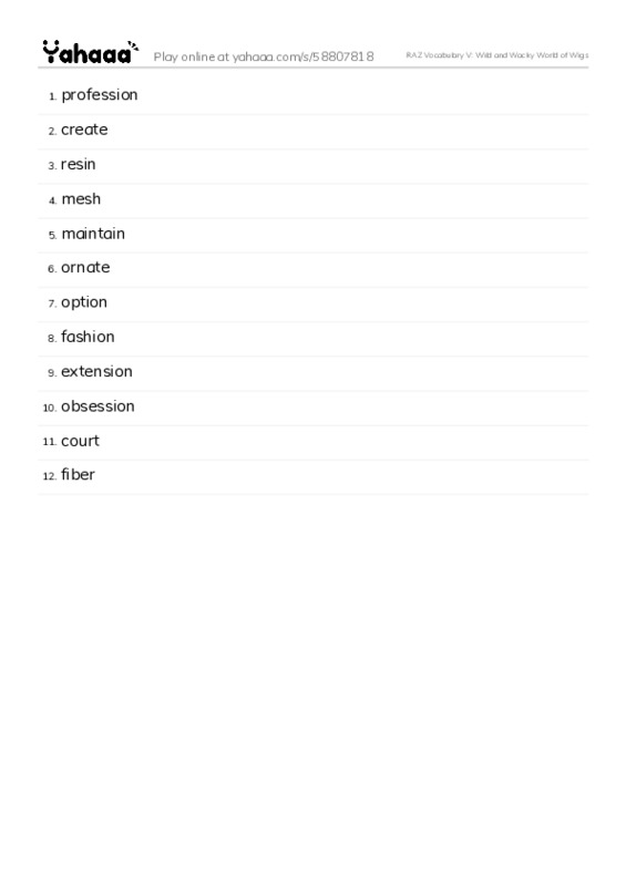 RAZ Vocabulary V: Wild and Wacky World of Wigs PDF words glossary