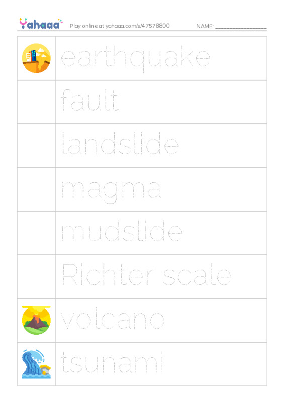 RAZ Vocabulary W: Earthquakes Volcanoes and Tsunamis2 PDF one column image words