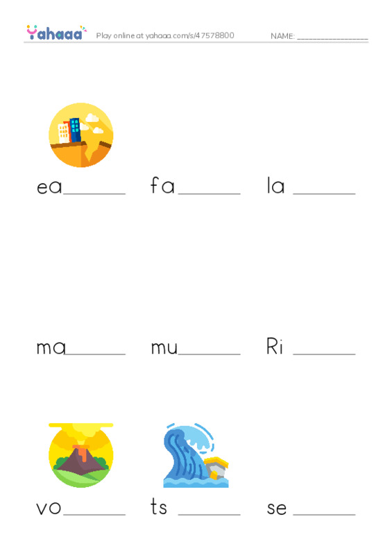RAZ Vocabulary W: Earthquakes Volcanoes and Tsunamis2 PDF worksheet to fill in words gaps
