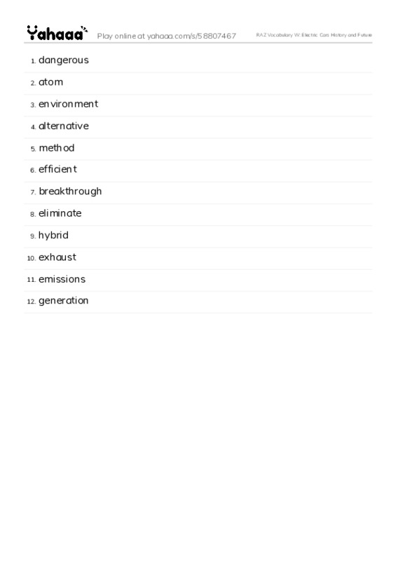 RAZ Vocabulary W: Electric Cars History and Future PDF words glossary