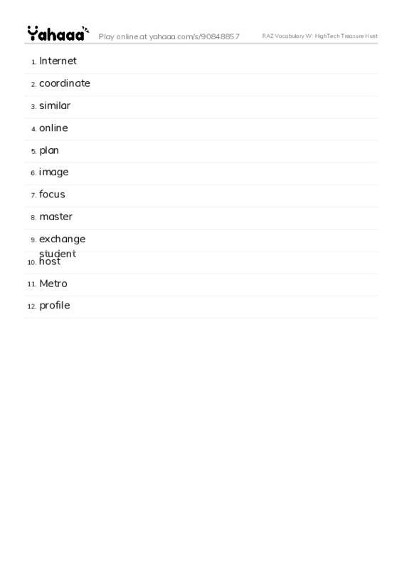 RAZ Vocabulary W: HighTech Treasure Hunt PDF words glossary