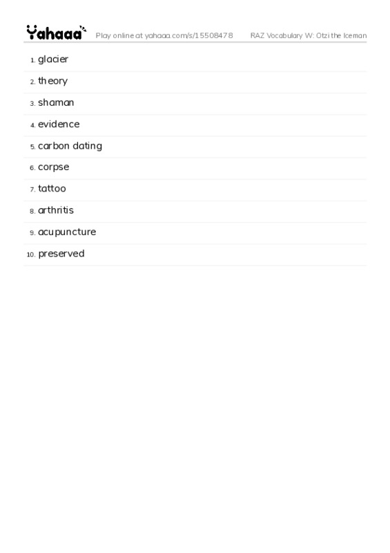 RAZ Vocabulary W: Otzi the Iceman PDF words glossary