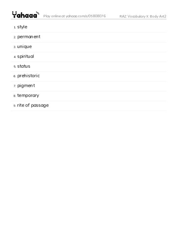 RAZ Vocabulary X: Body Art2 PDF words glossary