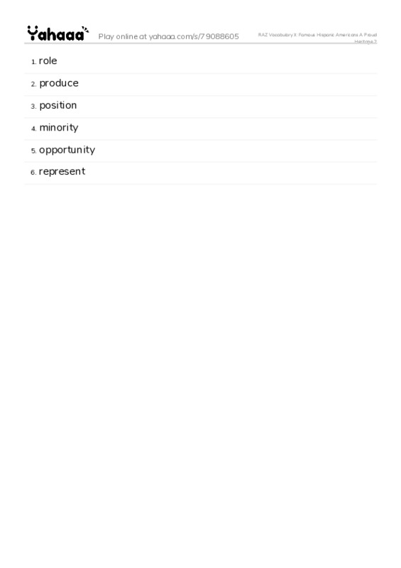 RAZ Vocabulary X: Famous Hispanic Americans A Proud Heritage 2 PDF words glossary