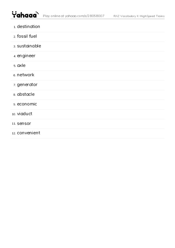 RAZ Vocabulary X: HighSpeed Trains PDF words glossary