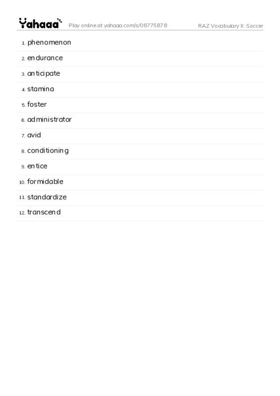 RAZ Vocabulary X: Soccer PDF words glossary