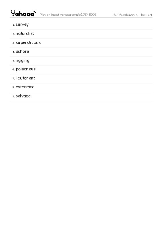 RAZ Vocabulary X: The Reef PDF words glossary