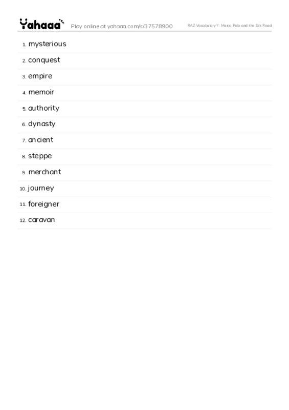 RAZ Vocabulary Y: Marco Polo and the Silk Road PDF words glossary