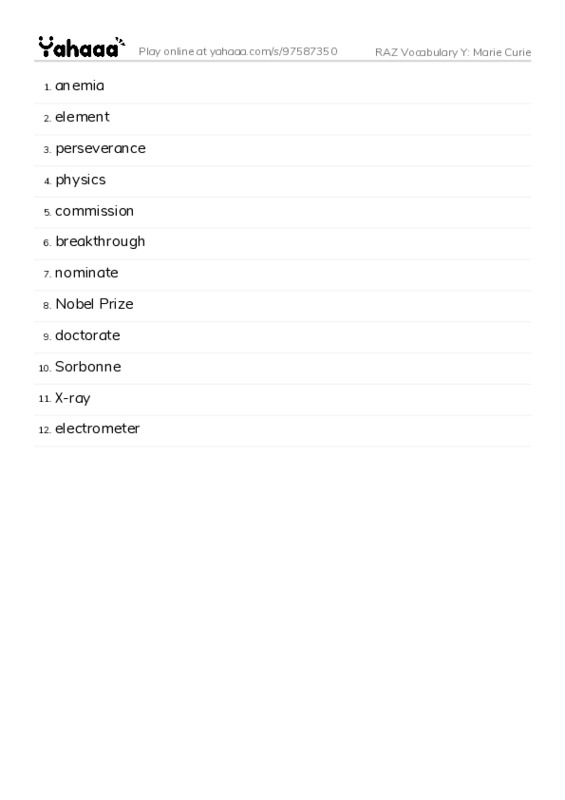 RAZ Vocabulary Y: Marie Curie PDF words glossary