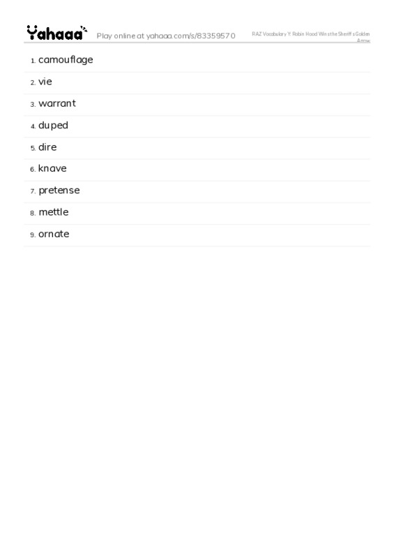 RAZ Vocabulary Y: Robin Hood Wins the Sheriffs Golden Arrow PDF words glossary