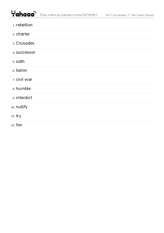 RAZ Vocabulary Y: The Great Charter PDF words glossary