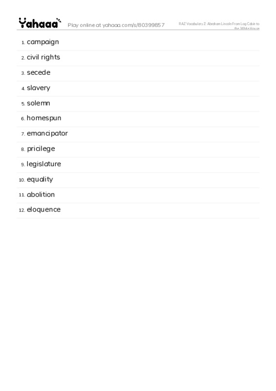 RAZ Vocabulary Z: Abraham Lincoln From Log Cabin to the White House PDF words glossary