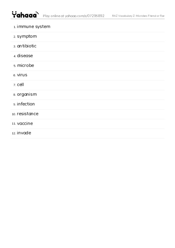 RAZ Vocabulary Z: Microbes Friend or Foe PDF words glossary