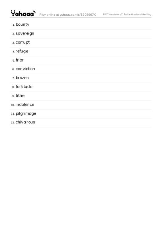 RAZ Vocabulary Z: Robin Hood and the King PDF words glossary