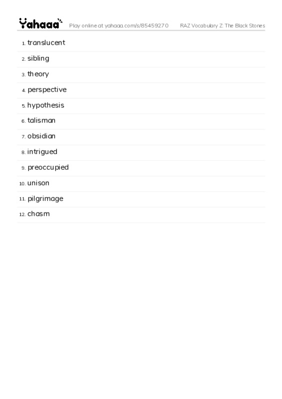 RAZ Vocabulary Z: The Black Stones PDF words glossary