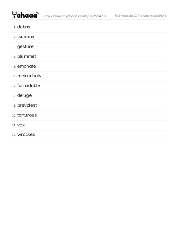 RAZ Vocabulary Z: The Queens Loss Part II PDF words glossary