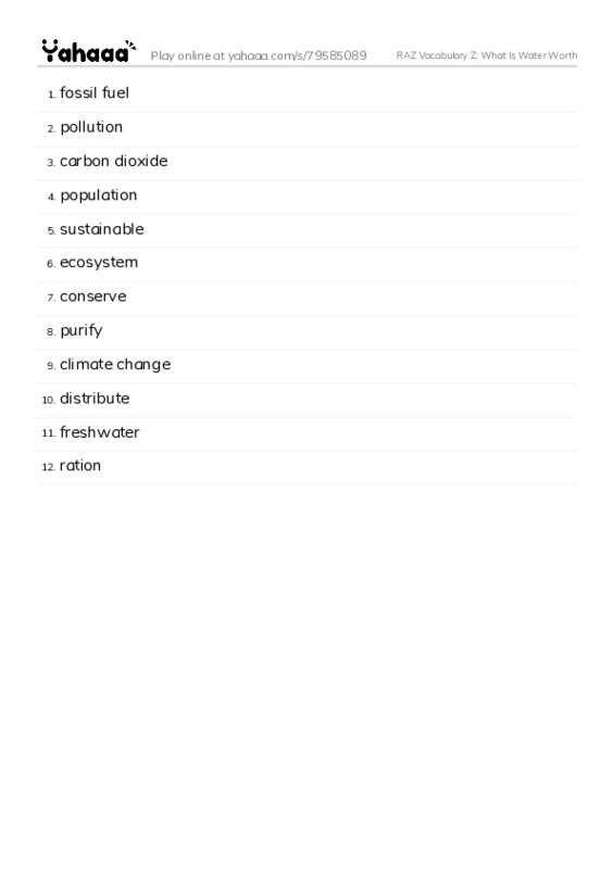 RAZ Vocabulary Z: What Is Water Worth PDF words glossary
