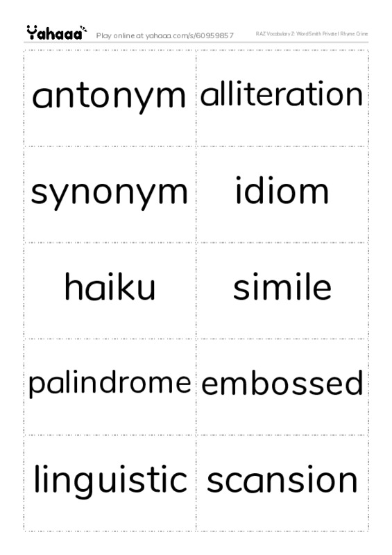 RAZ Vocabulary Z: Word Smith Private I Rhyme Crime PDF two columns flashcards