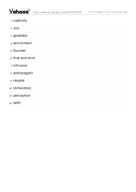 RAZ Vocabulary Z: Zoos Through the Ages PDF words glossary