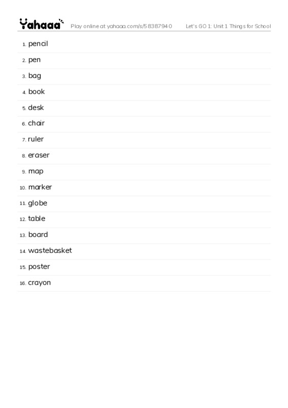 Let's GO 1: Unit 1 Things for School PDF words glossary