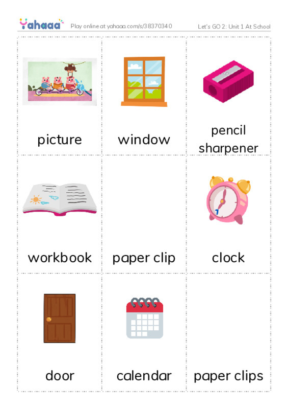 Let's GO 2: Unit 1 At School PDF flaschards with images