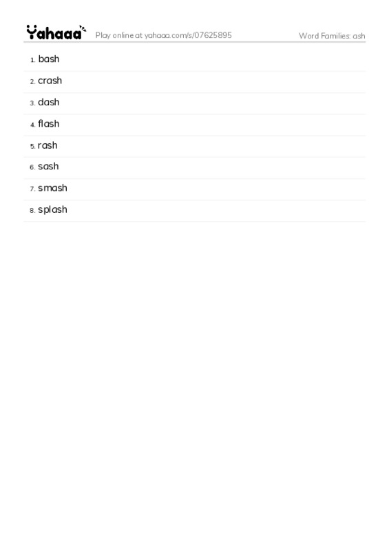 Word Families: ash PDF words glossary