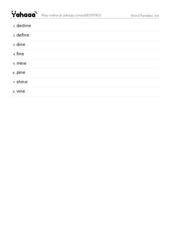 Word Families: ine PDF words glossary