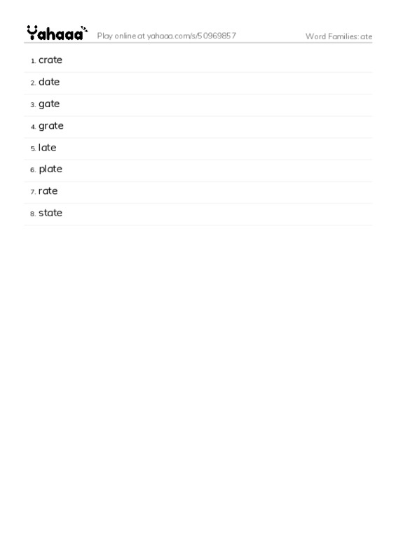 Word Families: ate PDF words glossary