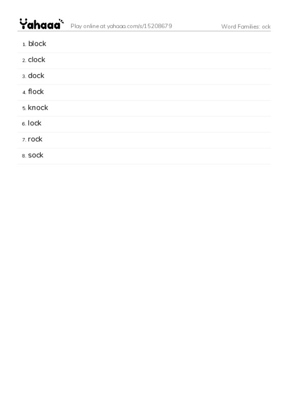 Word Families: ock PDF words glossary